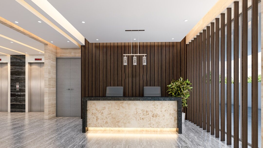 Modern office reception area with seating