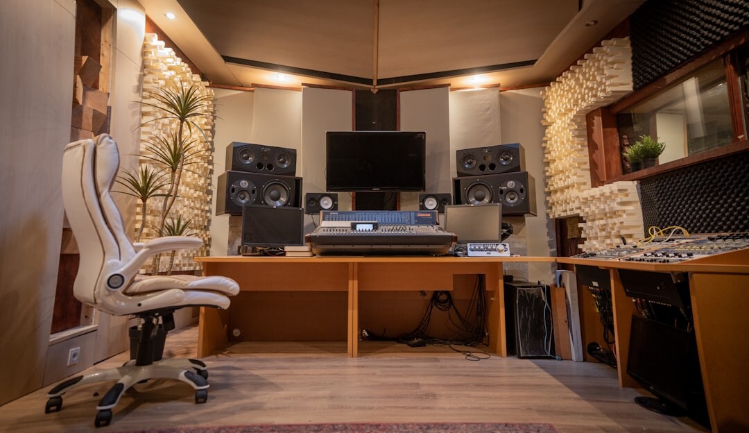 Broadcast control room with multiple video monitors